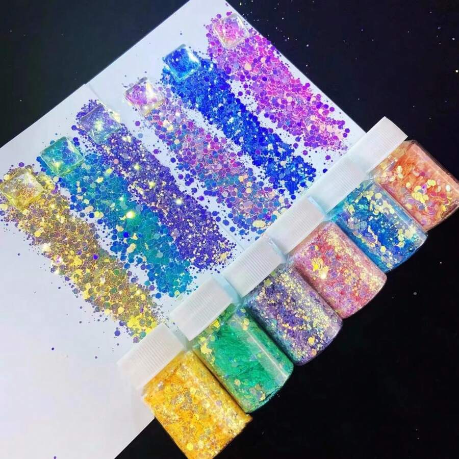 6色斑斕叠加大粒光學迷幻顆粒，樹脂手工藝品用工藝閃粉，美容用途指甲、面部、眼部，20毫升/瓶環氧樹脂閃亮亮片，可用於糊狀物杯子珠寶制作亞克力指甲手工藝品環氧樹脂 - Set of 6 colors - 查看 1