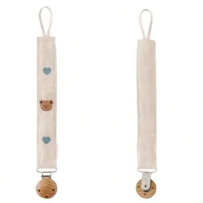 1入嬰兒用奶嘴夾,配有木製珠子,愛心熊設計,卡通刺繡,咬著牙套,掛繩式防掉鏈