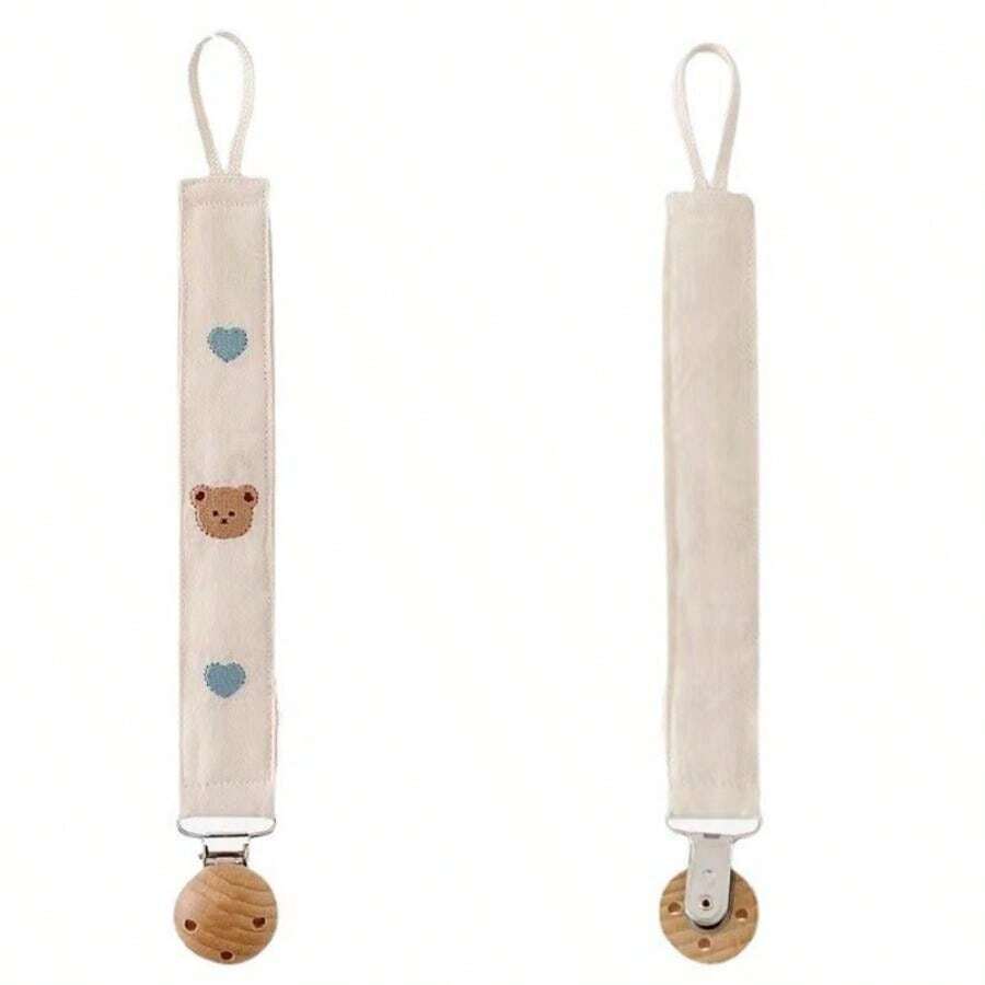 1 قطعة مشبك مصاصة للرضع مع خرزة خشبية، تصميم دب قلب الحب، تطريز كرتوني، عضاضة، حبل معلق مضاد للسقوط - أبيض - مشاهدة 1