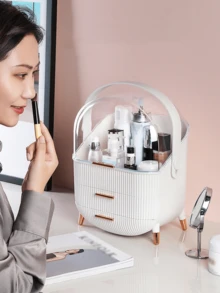 1個帶抽屜的大容量化妝品收納盒-防塵珠寶和護膚品架,適用於臥室化妝品收納和家居儲物 - 白色 - 查看 1