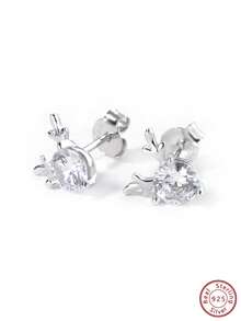 1pair 925 Silver Chic Minimalist & Elegant & Casual Cube Design Christmas Reindeer Stud Earrings Decorated With Cz, Suitable For Daily Wear, Parties And Birthdays Gift For Friends - Silver - View 4