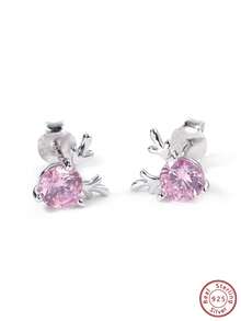 1pair 925 Silver Chic Minimalist & Elegant & Casual Cube Design Christmas Reindeer Stud Earrings Decorated With Cz, Suitable For Daily Wear, Parties And Birthdays Gift For Friends - Silver - View 3