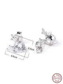 1pair 925 Silver Chic Minimalist & Elegant & Casual Cube Design Christmas Reindeer Stud Earrings Decorated With Cz, Suitable For Daily Wear, Parties And Birthdays Gift For Friends - Silver - View 2