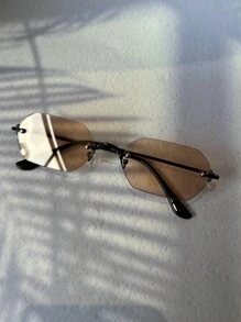 POLASUP 一套女士几何图案铜色金属无框个性化时尚眼镜，适合日常穿搭、海滩、度假、泳池、派对、休闲场合（包含眼镜盒、清洁布、眼镜带） - 金属镜框眼镜，无框设计，棕色镜片，时尚百搭 - 香檳色 - 查看 7