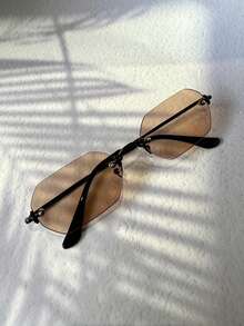 POLASUP 一套女士几何图案铜色金属无框个性化时尚眼镜，适合日常穿搭、海滩、度假、泳池、派对、休闲场合（包含眼镜盒、清洁布、眼镜带） - 金属镜框眼镜，无框设计，棕色镜片，时尚百搭 - 香檳色 - 查看 8