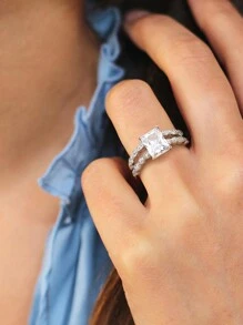 2Pcs/set Romantic Engagement Wedding Ring Cubic Zirconia Eternity Ring Handmade Sterling Silver Rings With Gift Box For Her With Anniversary Gift Idea Valentines Gift For Wife Fine Jewelry Gift(Randomly send box colors)