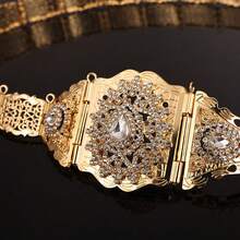 Luxurious Arabian Bridal Waist Chain With Hollow Out Crystal Flower Design And Full Diamond Inlaid, Adjustable Length Body Jewelry For Women's Wedding - Gold - View 2