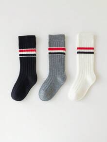 3 雙/套兒童襪子,男孩和女孩白色高筒和中筒襪,兩雙條紋足球愛好者襪子 - 彩色 - 查看 6