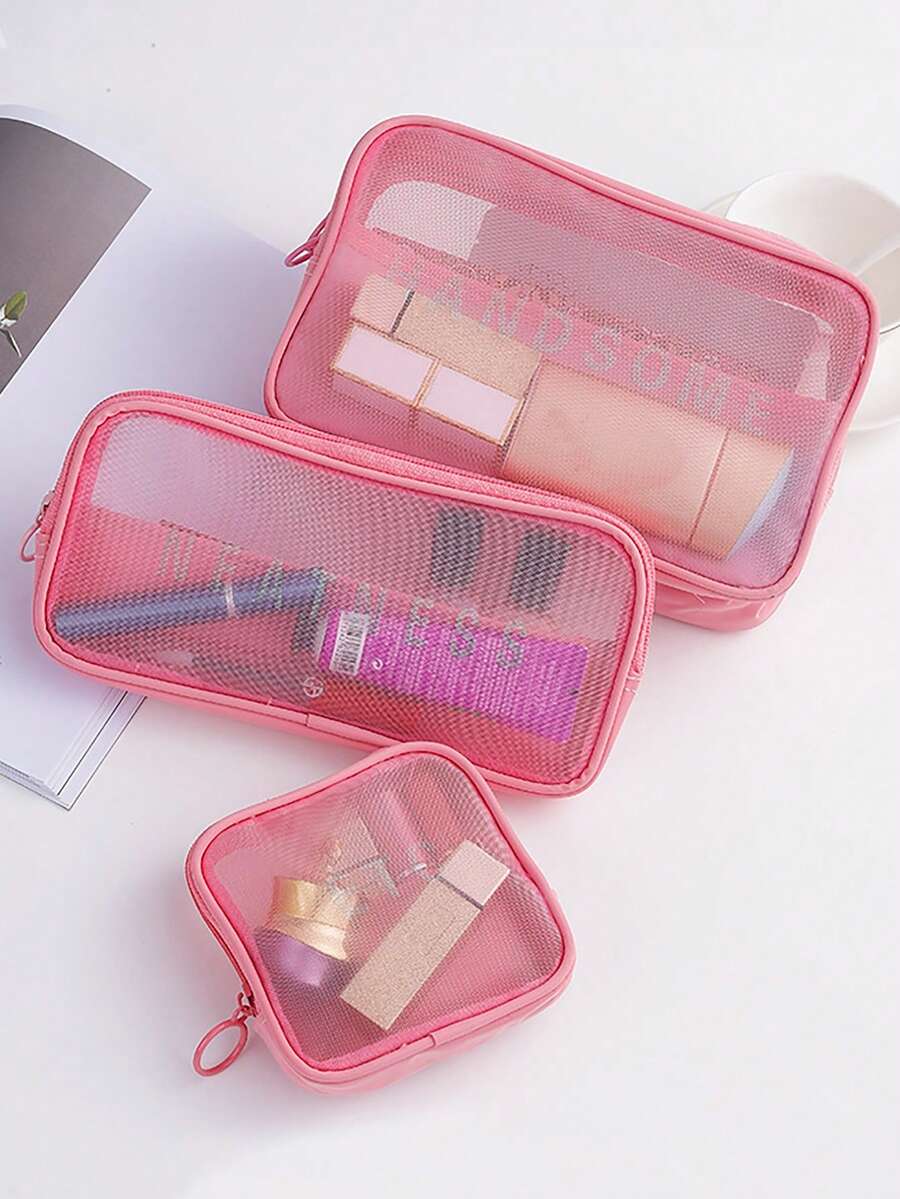 3入組網眼透明化妝包洗漱袋，紅色信封化妝包帶拉鍊口洗漱袋收納袋便攜式化妝包，大容量防塵洗漱袋美容化妝袋護膚洗漱袋收納袋，柔軟方便的洗漱袋，旅行和戶外化妝袋洗漱袋旅行袋旅行化妝包旅行套裝 - 粉色 - 查看 1
