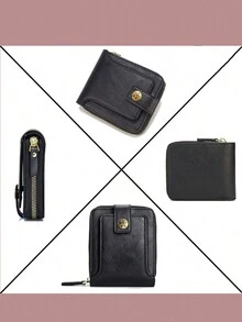 1個男性多色時尚復古pu短錢包,帶拉鍊和扣環,日常使用 - 黑色 - 查看 7