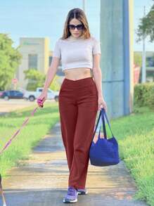 Women's Solid Color Cross-Waist Athletic Pants - Red - View 7
