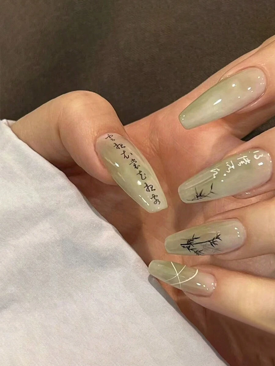 Sanrio 24pcs/Kit Vintage Style Mid-Long Printed Nails In Ice Green Color With Bamboo & Chinese Characters, Elegant And Minimal, Ballet Style. Including 1pc Jelly Gel And 1pc Nail File. - Multicolor - View 1