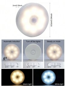 1pc 8led Motion Sensor Led Night Light With Smart Switch Usb Charging Battery Powered Bedside Lamp For Room Hallway Bathroom Home Illumination - White - View 2