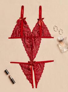 Apressadinha Sexy Lingerie Rendada Body Aberto Laços - Vermelho - Visão 1