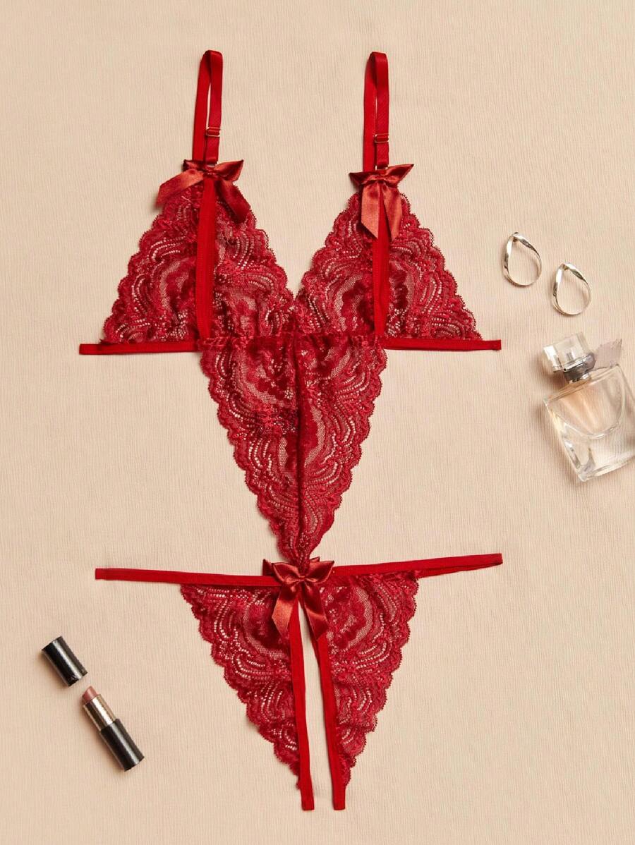 Apressadinha Sexy Lingerie Rendada Body Aberto Laços - Vermelho - Visão 1