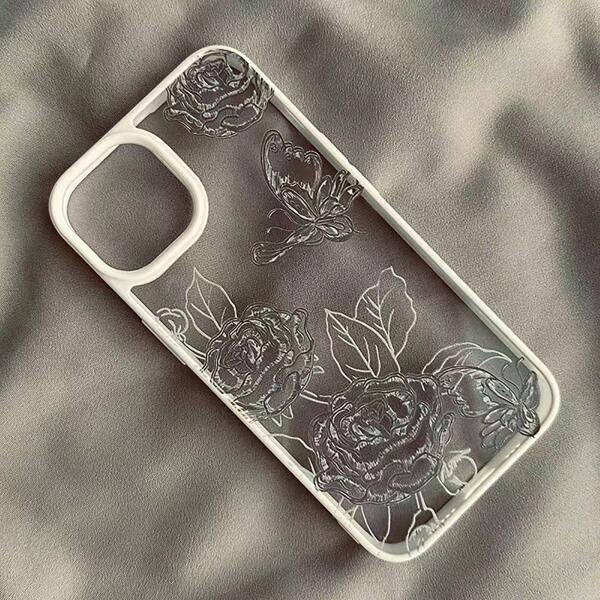 1 حافظة جوال صلبة من الاكريليك على الطراز الانسيابي مطبوع عليها وردة وفراشة بأطراف سوداء وبيضاء متوافقة مع أجهزة آبل