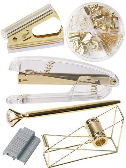 6 件金色装订套装，包括 1 个订书机、1 个起钉器、1 支水钻圆珠笔、1 个胶带座、1 盒订书钉、1 件创意文具简易装订工具套装，多用途简约风格，非常适合办公室和学生返校使用