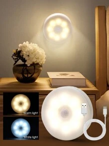 1pc 8led Motion Sensor Led Night Light With Smart Switch Usb Charging Battery Powered Bedside Lamp For Room Hallway Bathroom Home Illumination - White - View 3