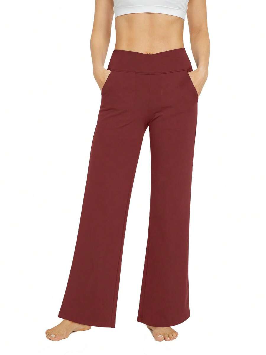 Women's Solid Color Cross-Waist Athletic Pants - Red - View 1