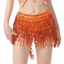 1 chiếc váy đính sequin cho nữ, khăn quấn hông múa bụng lấp lánh có tua rua, váy quấn lễ hội, váy dự tiệc, khăn quấn hông múa bụng gợi cảm cho nữ - trái cam - Xem 4
