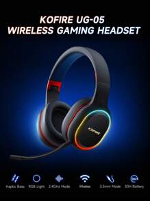 KOFIRE UG-05 2.4GHz/无线游戏耳机，适用于 PC 的无线游戏耳机，振动反馈式包耳式耳机，带防噪麦克风，LED 灯 - 黑色 - 黑色 - 查看 2