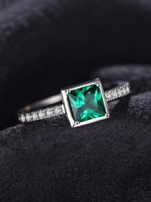 1個簡潔優雅的925純銀優美公主切割模擬綠寶石銀戒指,適合女士或女孩日常裝扮或約會禮物,精美珠寶 - 綠色 - 查看 2
