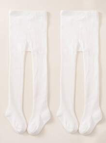 2對/套女童白色粗編線打結緊身褲,柔軟保暖舒適的有腳舞蹈褲,適合秋冬日常穿著 - 白色 - 查看 1