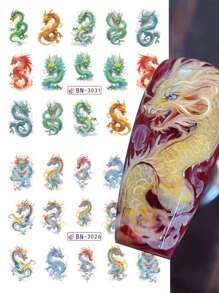 12款款式/張龍設計水轉印美甲貼紙風汉字滑動貼花新年美甲裝飾 - 彩色 - 查看 3