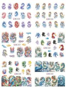 12款款式/張龍設計水轉印美甲貼紙風汉字滑動貼花新年美甲裝飾 - 彩色 - 查看 5