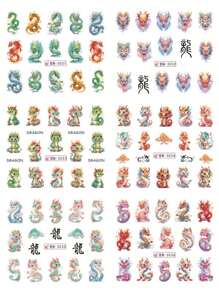 12款款式/張龍設計水轉印美甲貼紙風汉字滑動貼花新年美甲裝飾 - 彩色 - 查看 6