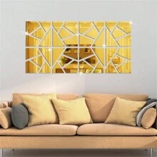 1套3d幾何牆鏡貼紙,亞克力自粘式diy貼紙,適用於電視背景客廳藝術現代家居裝飾 - 金色 - 查看 1