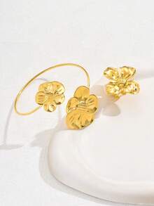 2 件/組復古金屬花朵手鐲戒指套裝適合女士派對 - 花朵 - 查看 1