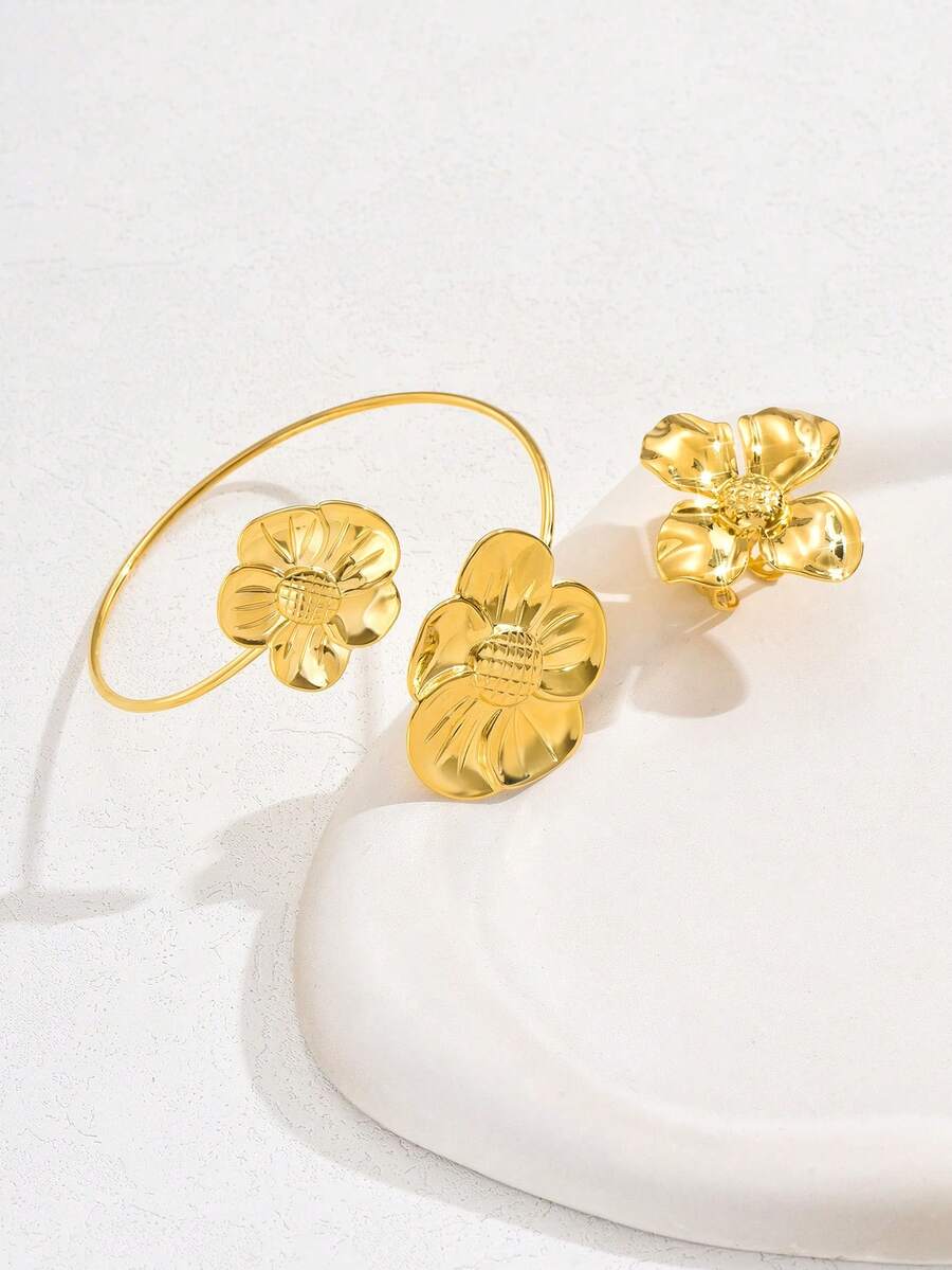 2 件/組復古金屬花朵手鐲戒指套裝適合女士派對 - 花朵 - 查看 1