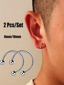 Unisex Stainless Steel Horseshoe Bar Nose Ring, Labret Lip Ring, Ear Stud Piercing Jewelry - Silver - View 1