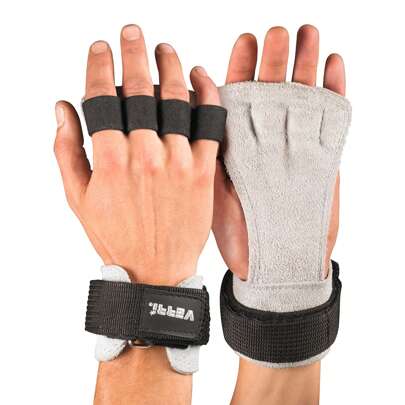  Calleras Gym Verri de carnaza de Res color Gris Claro con Strap para Levantamiento de Pesas, Crossfit, rutinas, Entrenamiento en Gimnasio