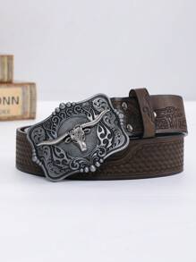 Đầu bò Khóa & Retro Phong cách phương Tây Cowboy Thắt lưng - Màu Khaki - Xem 1