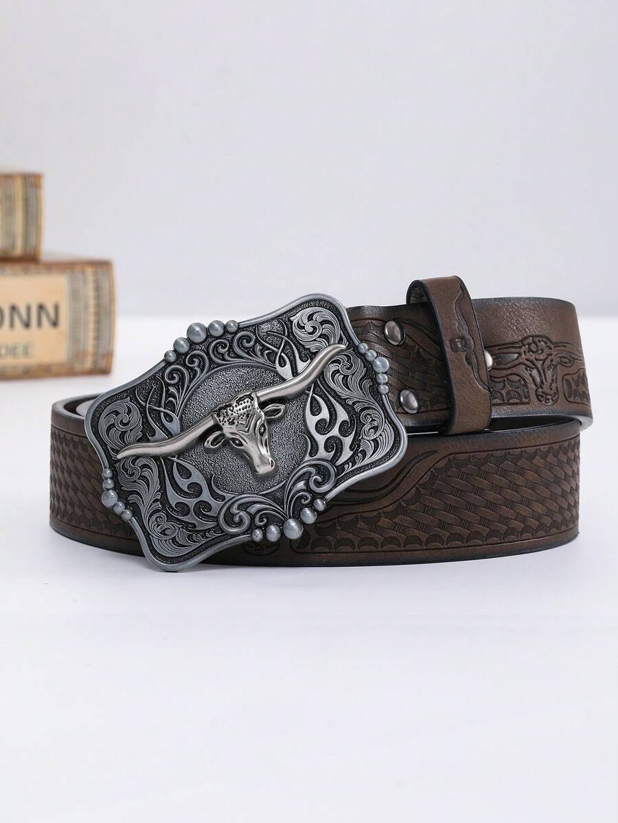 Đầu bò Khóa & Retro Phong cách phương Tây Cowboy Thắt lưng - Màu Khaki - Xem 1