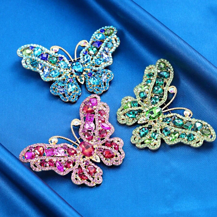 1個時尚的玻璃鑲嵌蝴蝶設計胸針,採用電鍍鋅合金製成,防褪色,適合秋季和冬季女士外套佩戴 - 金黃色 - 查看 1