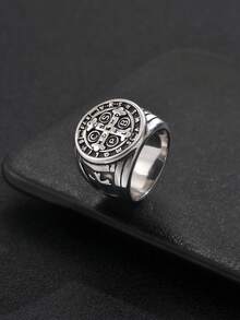 1個歐美復古朋克風格不鏽鋼戒指,十字圖騰造型,男士街頭時尚 - 金色 - 查看 1