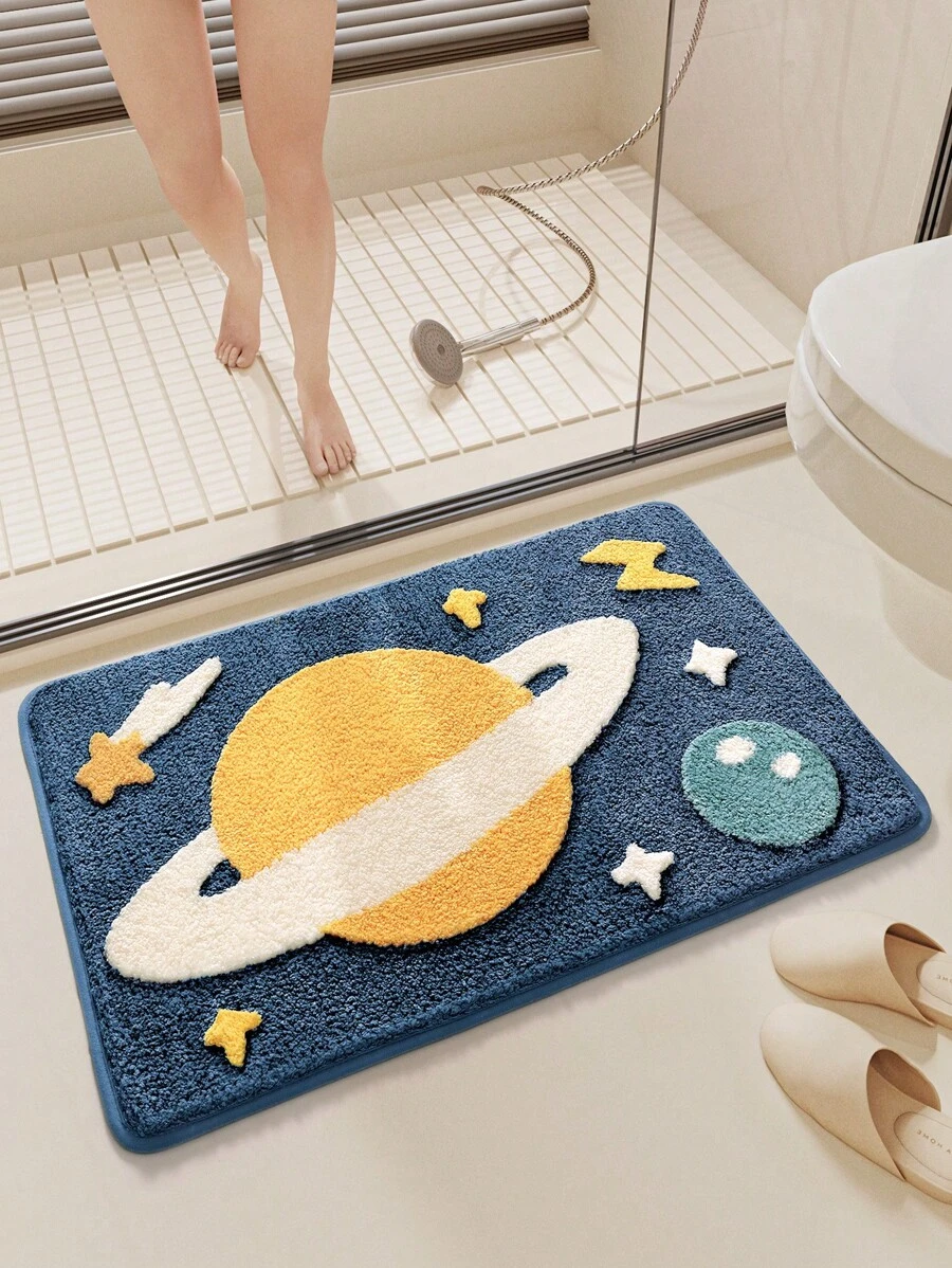 帶卡通宇宙主題設計的絨狀聚酯四季地墊,防滑tpr底部,吸水性好,柔軟舒適,適用於浴室、淋浴間和浴缸-1入組 - 彩色 - 查看 1