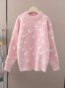 Tween Girl's Heart Pattern Sweater - Baby Pink - View 1