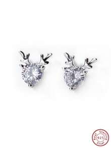 1pair 925 Silver Chic Minimalist & Elegant & Casual Cube Design Christmas Reindeer Stud Earrings Decorated With Cz, Suitable For Daily Wear, Parties And Birthdays Gift For Friends - Silver - View 5