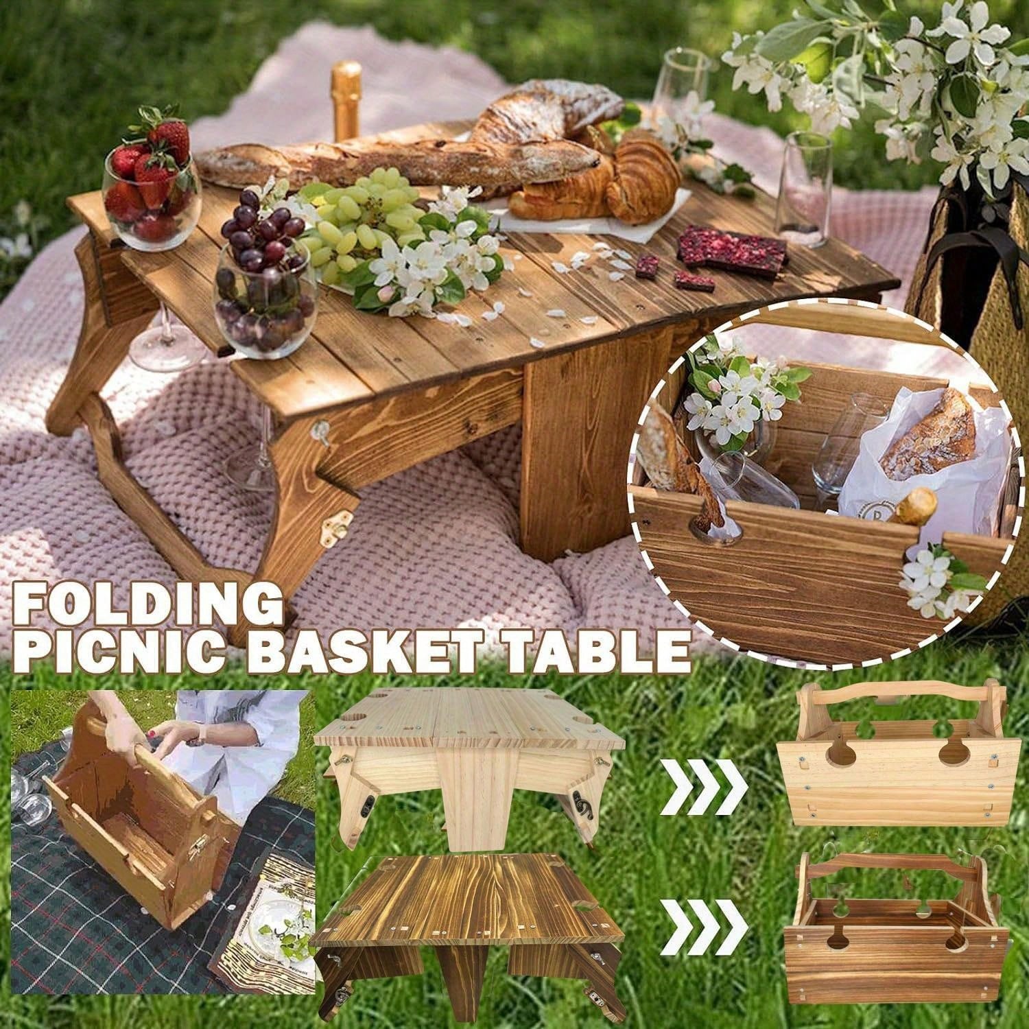 Wooden Outdoor Folding Picnic Basket Table, Wooden Folding Picnic Table