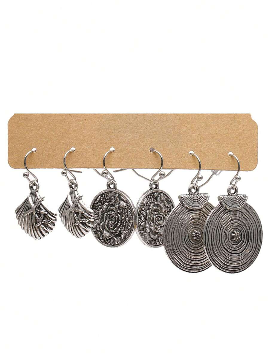 3入組/對流行珠寶耳環,合金珍珠花卉幾何設計吊墜耳環,適用於女性 - 復古銀色 - 查看 1