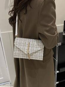 Mini Fashionable Women's Plaid Flip Cover Chain Shoulder Bag, Square Shape - White - View 3