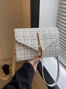 Mini Fashionable Women's Plaid Flip Cover Chain Shoulder Bag, Square Shape - White - View 1