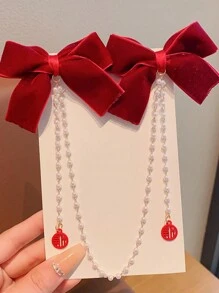 1 kẹp tóc tua rua đính ngọc trai dễ thương thời trang cho bé gái, có thể xảy ra sự khác biệt nhỏ về màu sắc do lô hàng, Thẻ gói hàng được ưu tiên, Số lượng ngọc trai ngẫu nhiên - Đỏ - Xem 2