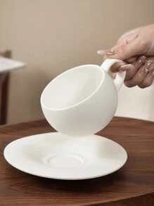 CMYD Studio 350ml火山石陶瓷咖啡杯碟純白釉簡約馬克杯咖啡館家庭辦公下午茶杯碟 - 白色 - 查看 7