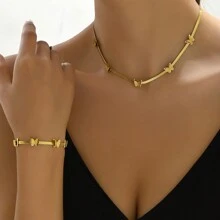 2入組/套金色不鏽鋼鍍蝴蝶式鍊帶手鐲頸鍊組合珠寶套裝,男女適用,情侶,復古奢華街派頸鍊耳環套裝 - 金色 - 查看 4