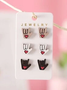 3對/組情人節粉紅色和紅色心形圓點耳釘，女士時尚珠寶 - 彩色 - 查看 5